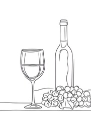 Fototapeta premium Wine bottle and glass with grapes one line drawing illustration minimal simple clean, white background copy space for text