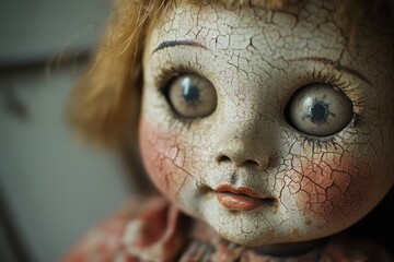 Fototapeta premium Creepy cracked porcelain doll with unsettling eyes
