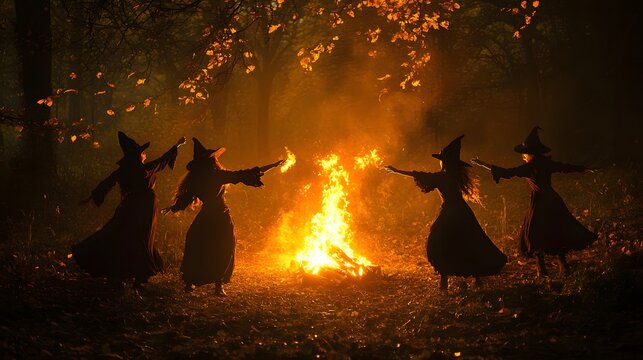 A group of witches dancing around a fire in the woods