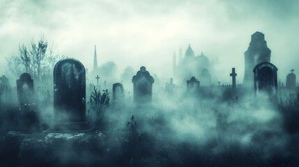 A graveyard scene with fog and ghostly apparitions