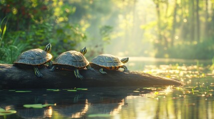 Obraz premium Three Turtles on a Log in a Sunlit Forest