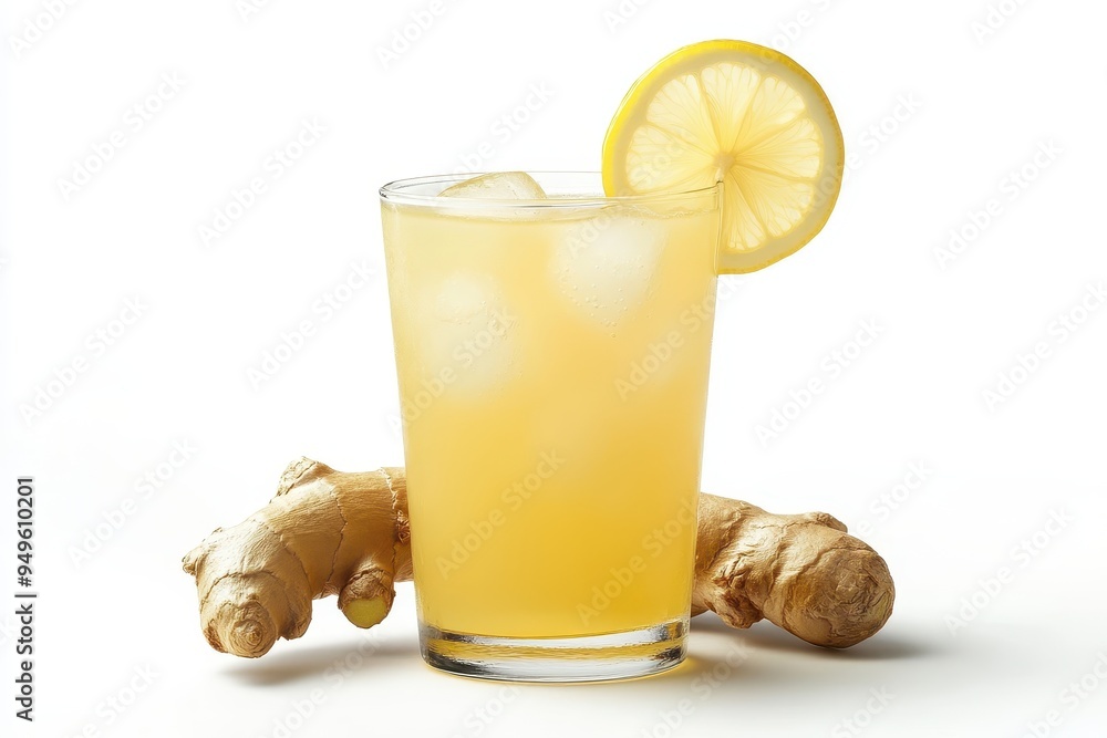 Poster a refreshing ginger lemonade drink served with ice and a lemon slice.