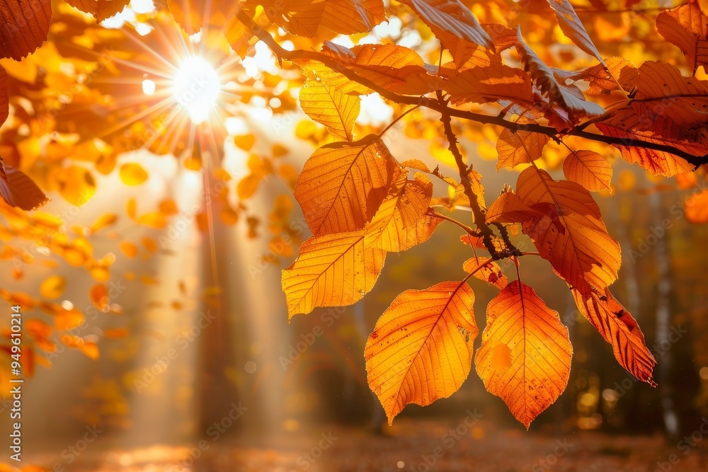 Poster sunlight beams through the colorful autumn leaves of a tree, sunlight filtering through a canopy of 