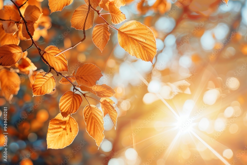 Poster sunlight filtering through the leaves of an autumn tree, sunlight filtering through a canopy of autu