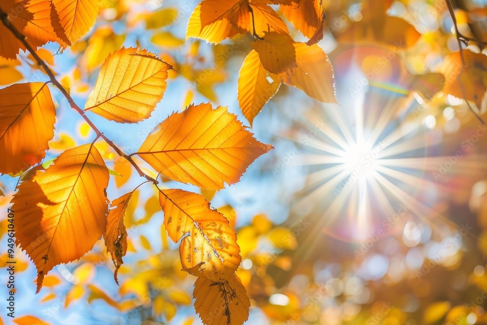Poster sunlight streams through vibrant autumn leaves on a tree, sunlight filtering through a canopy of aut