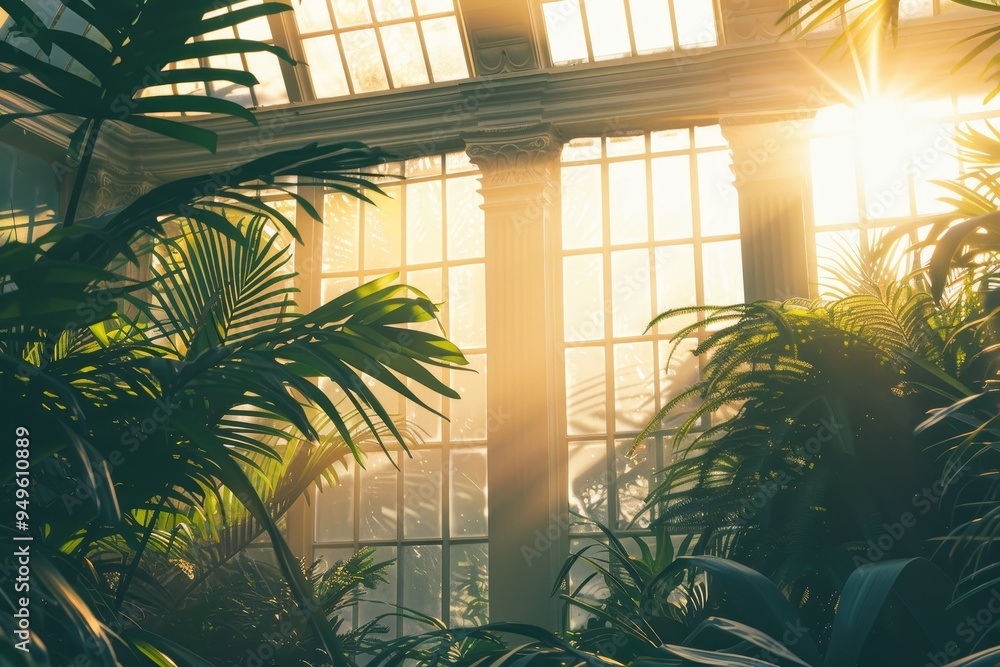 Poster sunlight streams through windows, illuminating interior of building, sunlight filtering through a gl