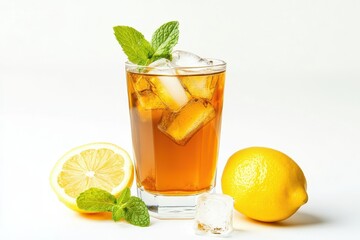 Fototapeta premium A refreshing glass of iced tea with lemon and mint leaves.
