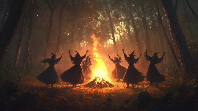 A group of witches dancing around a fire in the woods