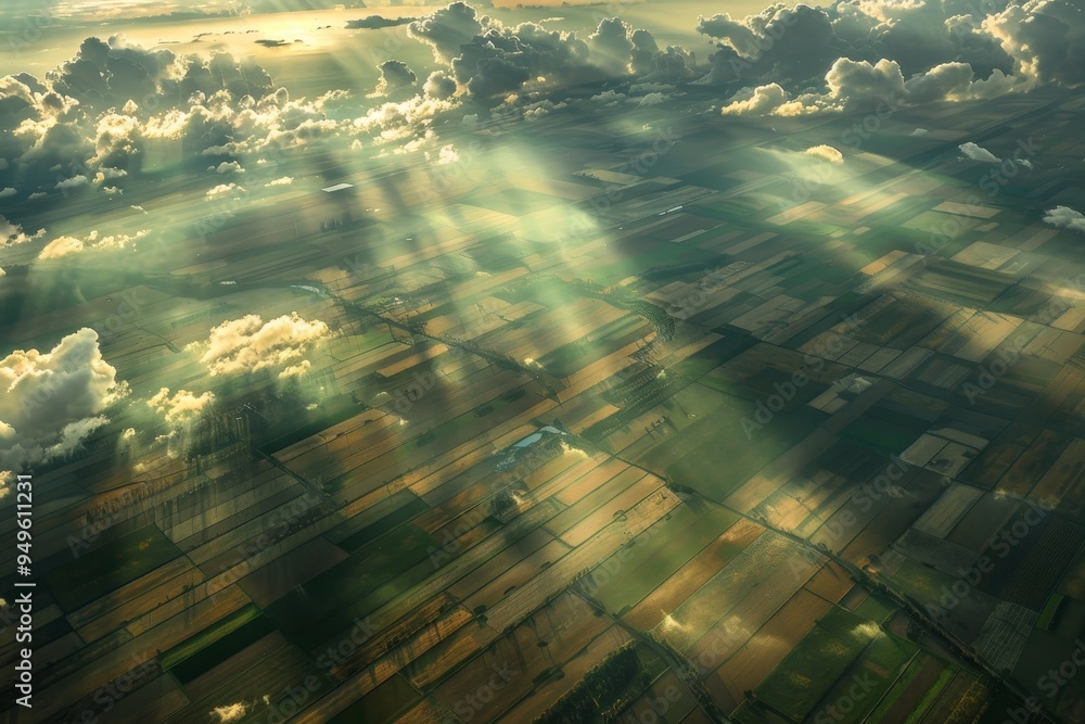 Poster sunlight filters through a patchwork of clouds in an aerial perspective, sunlight filtering through 