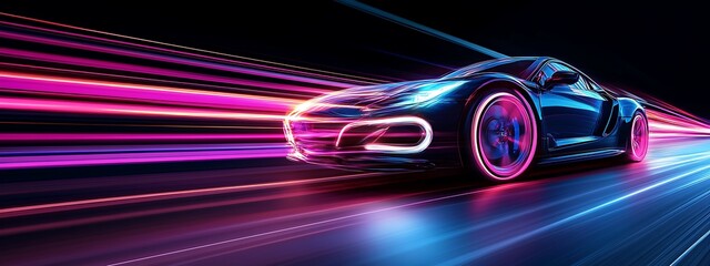 Fast-Moving Black Sports Car with Neon Lights