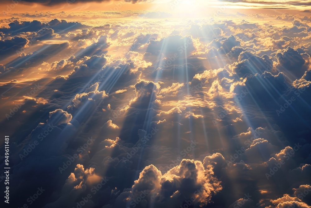 Poster sunlight breaking through the clouds in the sky, sunlight filtering through a patchwork of clouds, c