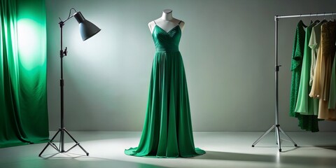 Elegant emerald green dress hanging from a clothing rack in a studio setting, shot from a 90-degree angle, softbox lighting, luxurious mood, a realistic photo image.