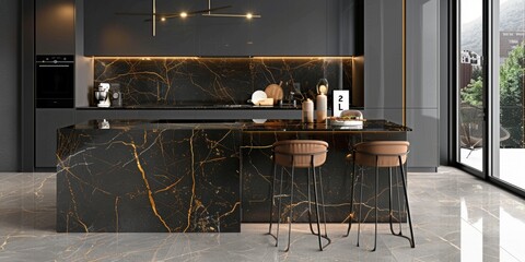 Modern Kitchen with Black and Gold Marble Island and Stools