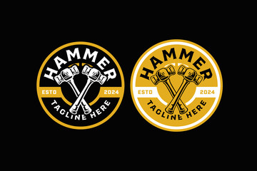iron steel hammer crossed retro badge logo vector design set for craftsman, handyman, construction and industry company label, sign, symbol or brand identity