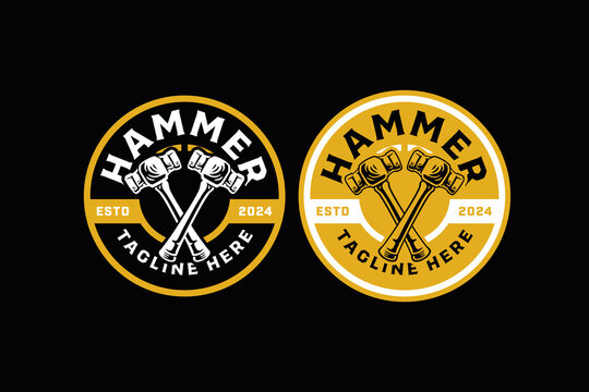 iron steel hammer crossed retro badge logo vector design set for craftsman, handyman, construction and industry company label, sign, symbol or brand identity