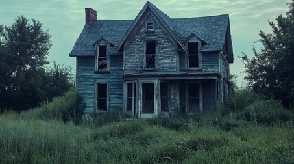 A spooky, abandoned house with overgrown weeds and broken windows