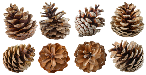 Pine cones in different sizes and shapes isolated on transparent background
