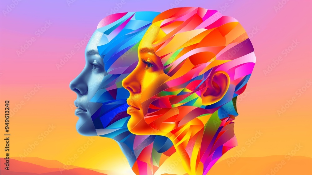 Poster two women's faces are shown in a colorful style. faces are shown in different colors with one face b