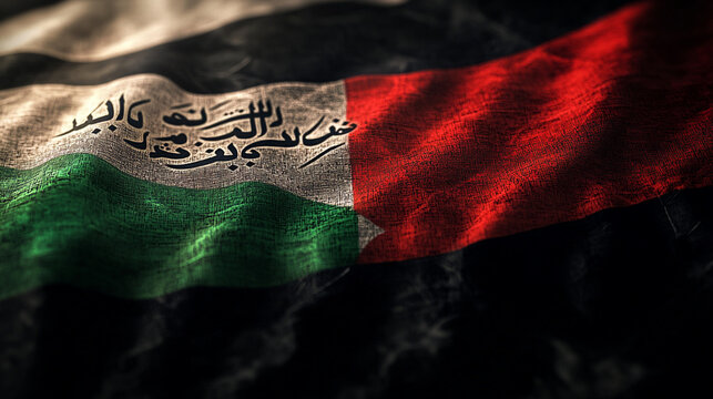 A detailed view of the Sudanese flag showcasing its vibrant colors and intricate textures against a dark background