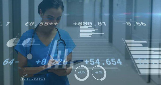 Medical data and statistics animation over nurse writing on clipboard in hospital