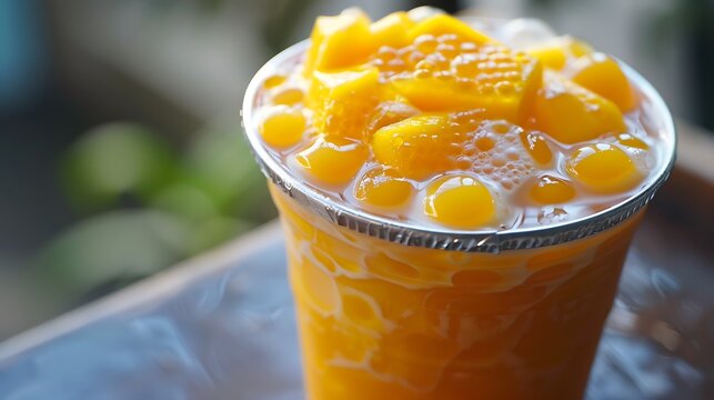 A great summertime refresher is a mango lemon flavored bubbly milk tea in an aluminum cup with boba product beads