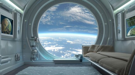 Futuristic spaceship interior with a large window showing Earth from space.