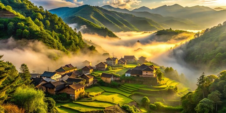 ancient village misty morning atmosphere remote picturesque valley peaceful tranquil mood warm soft golden light misty fog surrounding lush green hills