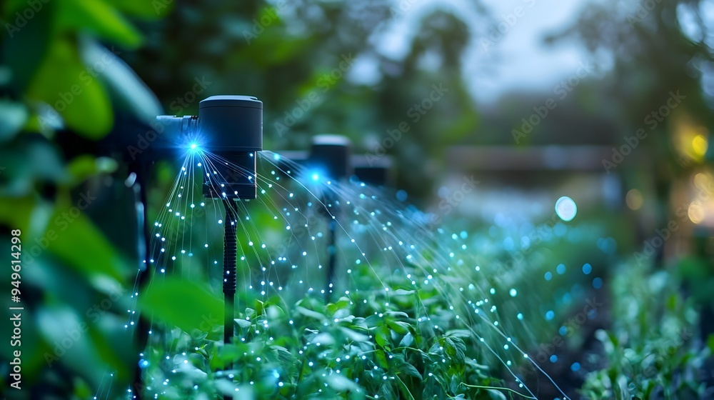 Poster a photograph showcasing an advanced smart irrigation system integrated with iot technology featuring