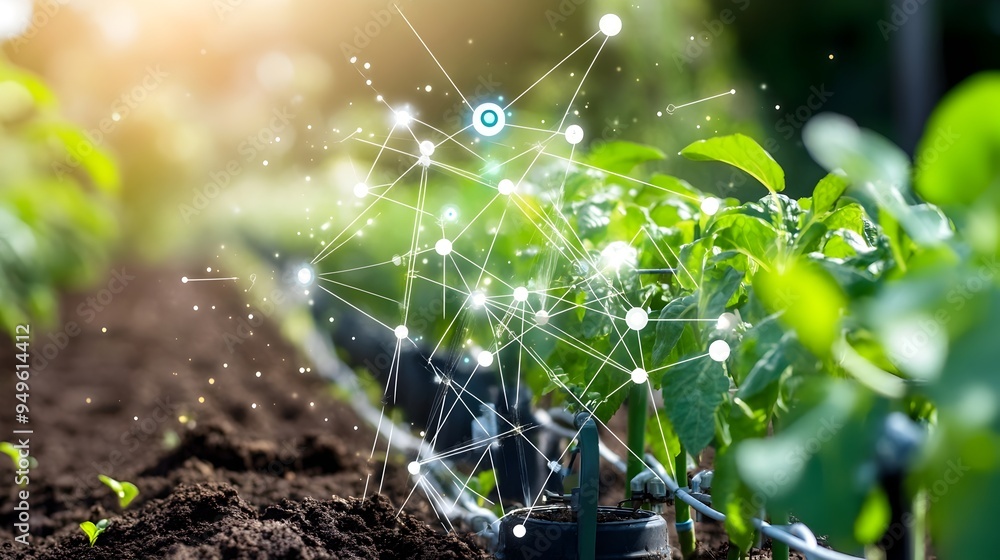 Poster photograph showcasing a sophisticated smart irrigation system connected to iot technology featuring 