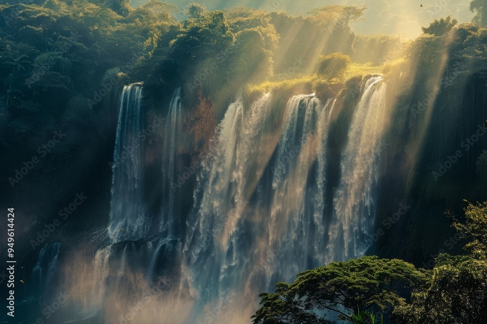 Poster a large waterfall cascading in a dense forest with sunlit mist, sunlight filtering through the mist 