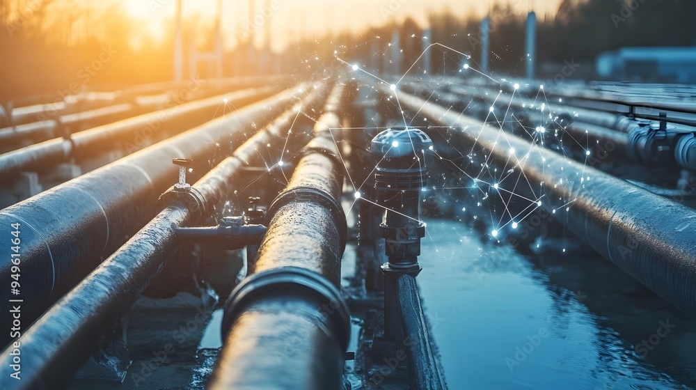 Poster a photograph of an iot powered water pipeline system featuring a network of sensors and monitoring t