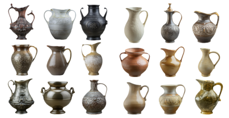 Set of antique clay pitchers and vases isolated on transparent background
