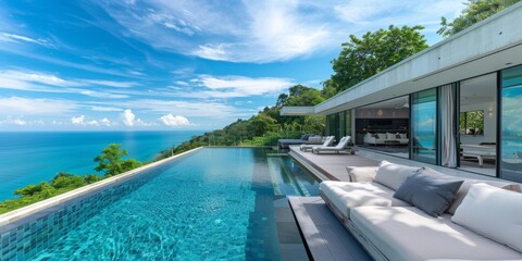 Fototapeta premium Modern Villa with Infinity Pool Overlooking Ocean
