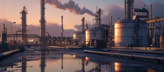 Industrial Plant at Sunset with Reflections in a Puddle