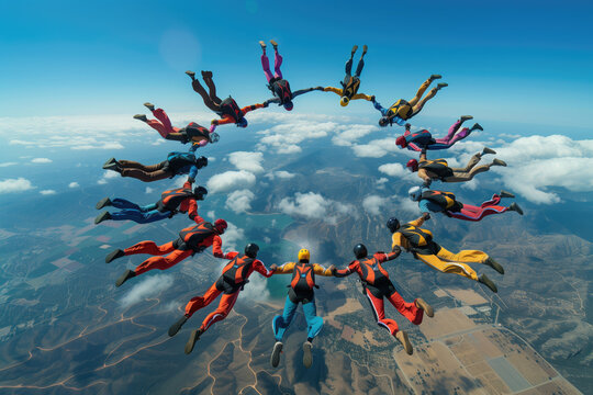 Group of skydivers forming large circular figure high above ground with picturesque mountainous landscape and scattered clouds visible below creating vivid and exciting skydiving action