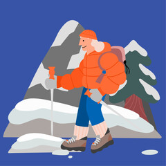 Fototapeta premium A vector illustration of a woman enjoying hiking in winter mountains