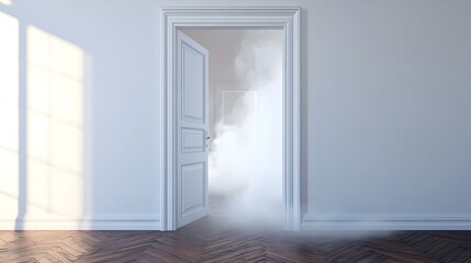 Minimal Room with Open White Doorway Leading to Mysterious Fog Filled Passage