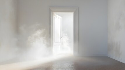 Obraz premium Mysterious Fog Filled Passage Beckons Through Minimalist White Doorway