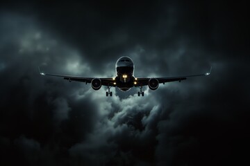 Airplane Flying Through Dark Stormy Clouds at Night