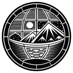 Circular Planet Logo Vector , Black and White on white background