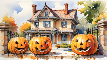 Watercolor illustration of a Halloween pumpkin in a house