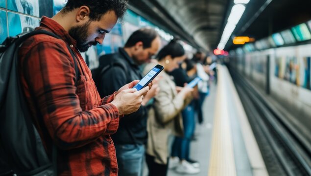 photo of group of young people looking at their phones, waiting for the subway and reading messages from social media  - Powered by Adobe