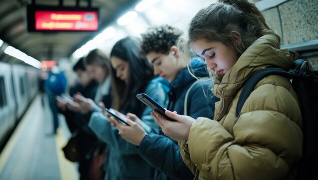 a group of young people looking at their phones, waiting for the subway and reading messages from social media 