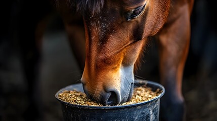 Brown Horse Feeding from a Grain Bowl in a Stable or Farm Outdoor Scene