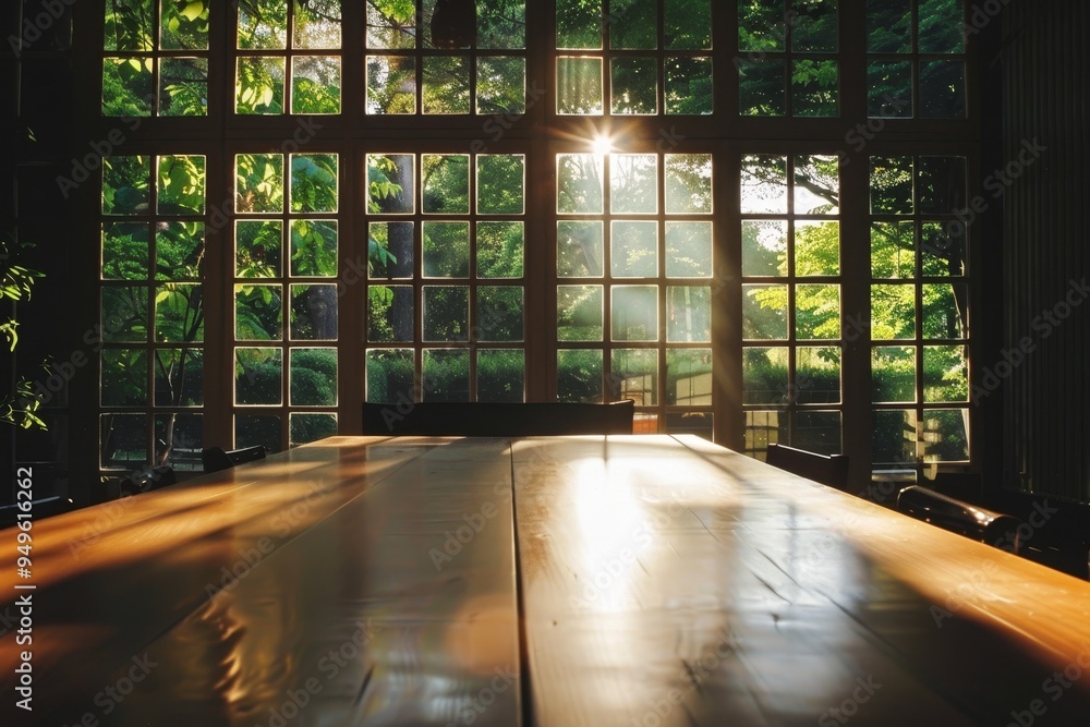 Poster a spacious wooden table illuminated by sunlight through a window, sunlight streaming in through larg
