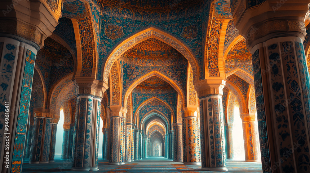 Poster intricate archways in a beautifully decorated historical structure with colorful patterns and grand 