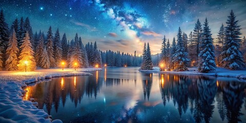 Obraz premium Snowflakes gently fall on a serene frozen lake surrounded by majestic evergreen trees under a vibrant starry night sky with soft warm candlelight ambiance winter wonderland scene