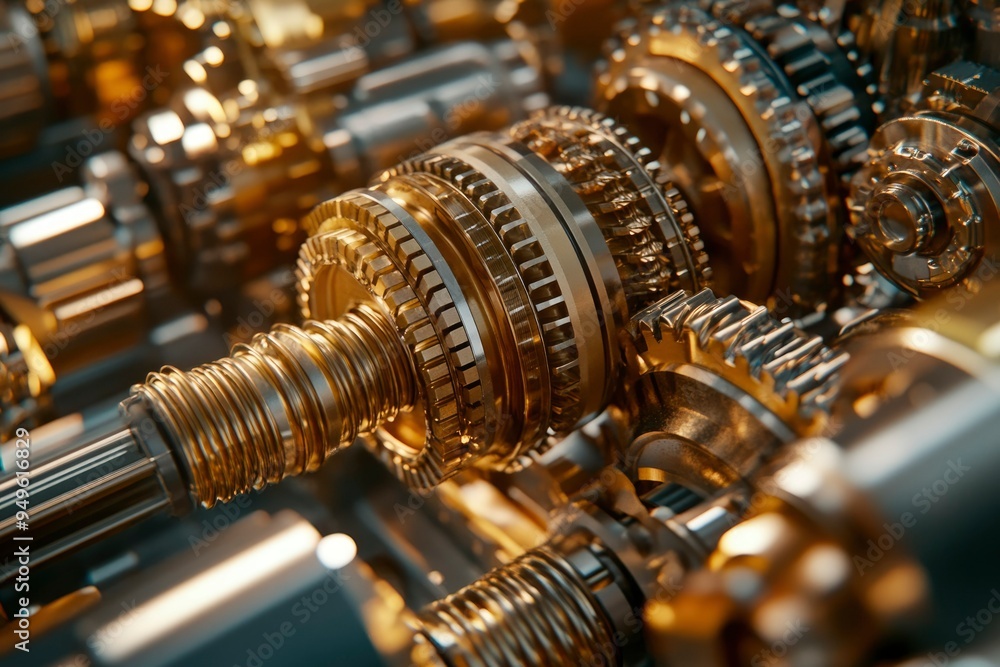 Poster close-up of interlocking gold gears in a machine