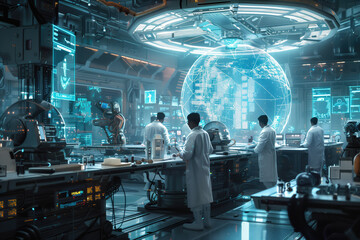 Group of scientists working in advanced laboratory surrounded by futuristic equipment and holographic displays investigating data and conducting experiments