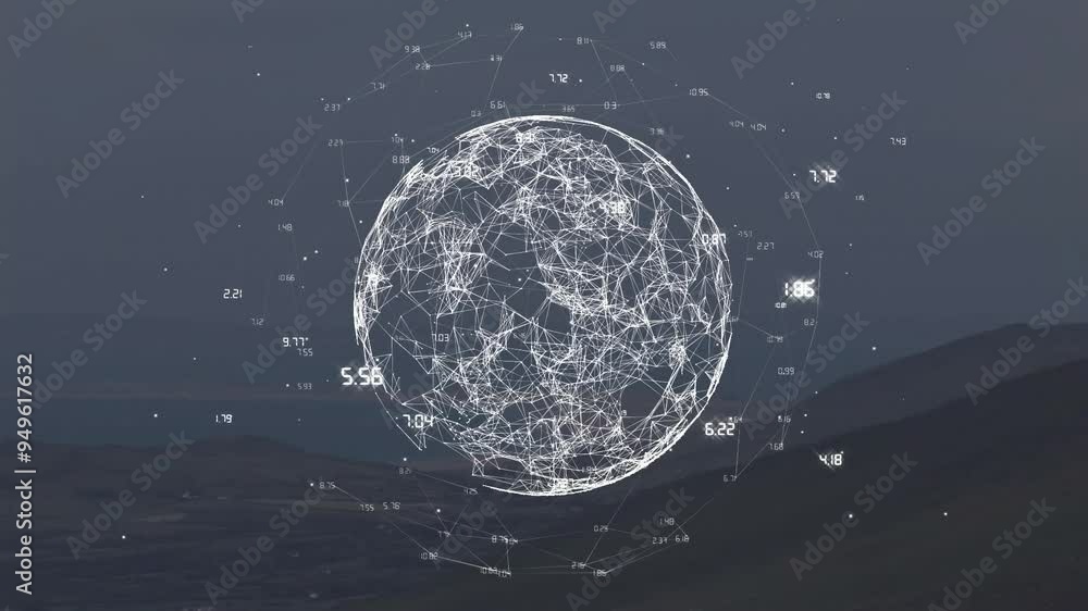 Poster digital globe with data points and connections animation over mountainous landscape